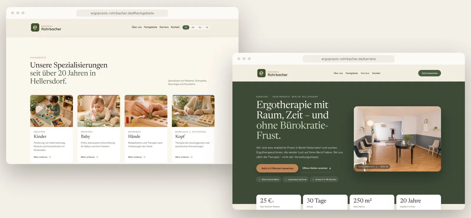 Ergopraxis Rohrbacher, neue Website: Fachgebiete und Karriereseite