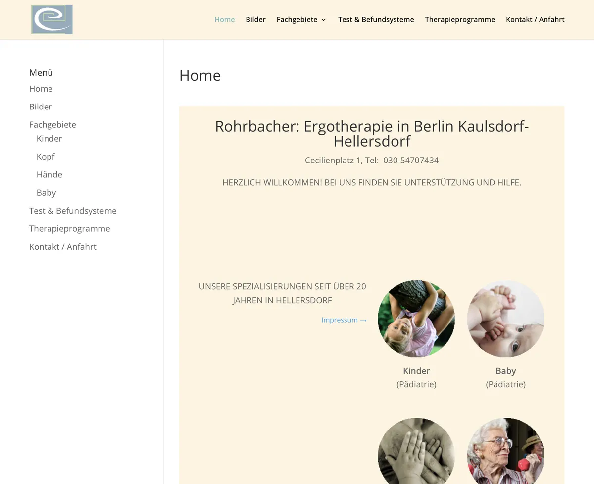 Startseite der Ergopraxis Rohrbacher vor dem Redesign: festes Seitenmenü links, zentrierte Textblöcke, runde Bilder